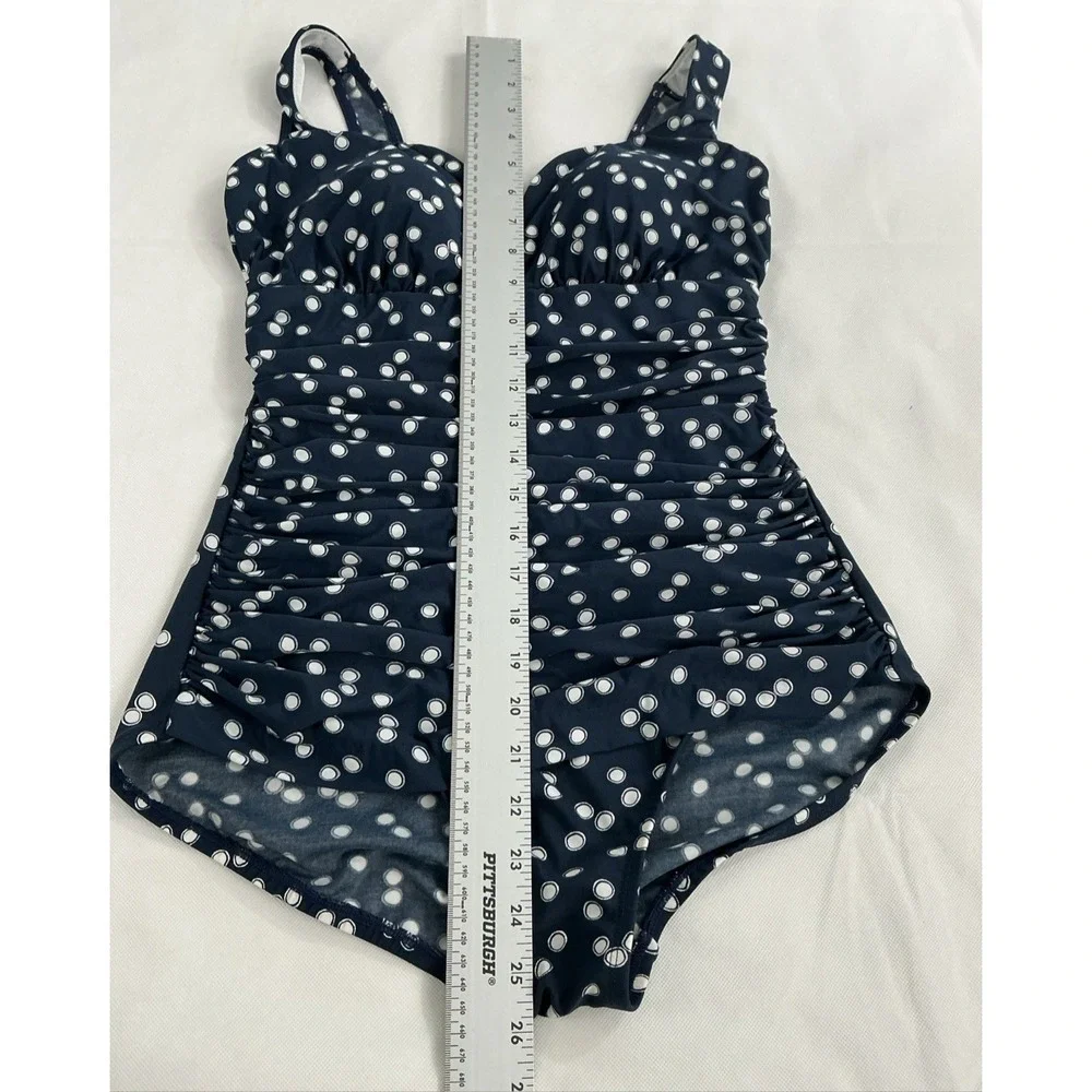 Miraclesuit Cherie Swimsuit 12 Navy Polka Dot One Piece Tummy Control 6560255